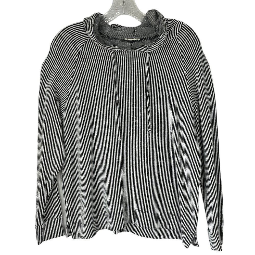 Olivia Rae Hooded Knit Shirt Womens Medium Black White Stripes Drawstring Casual